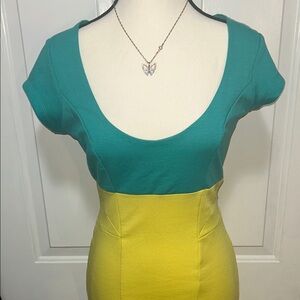 Kardashian Kollection Teal and Yellow Bodycon Midi Dress